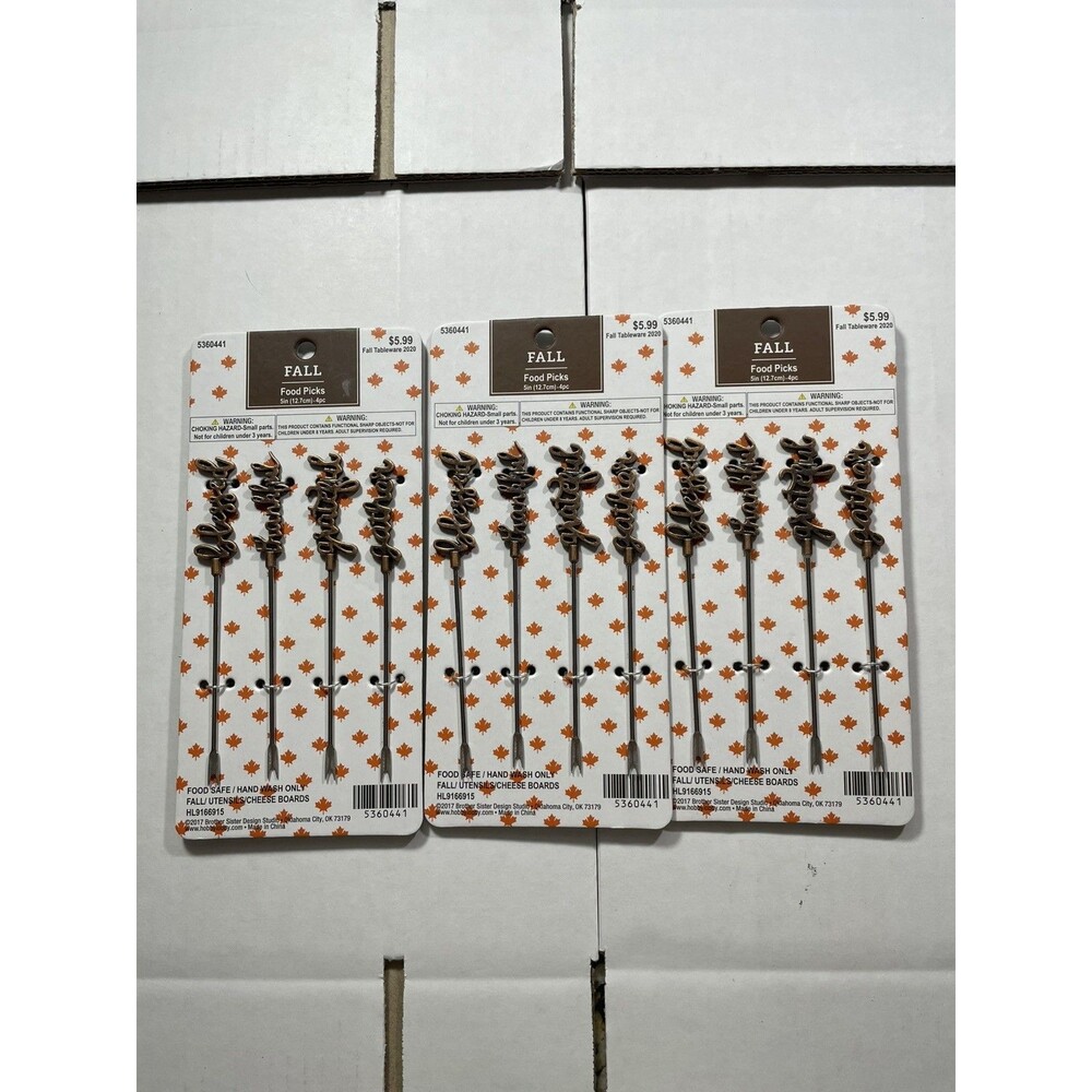 Lot of 3 - New! Fall Food Picks Toppers 4pc Thanksgiving 5in